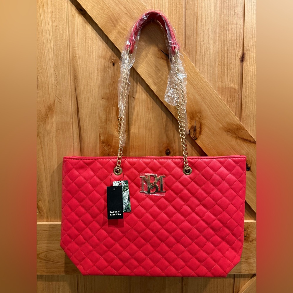 Badgley Mischka Red and Gold Quilted Tote